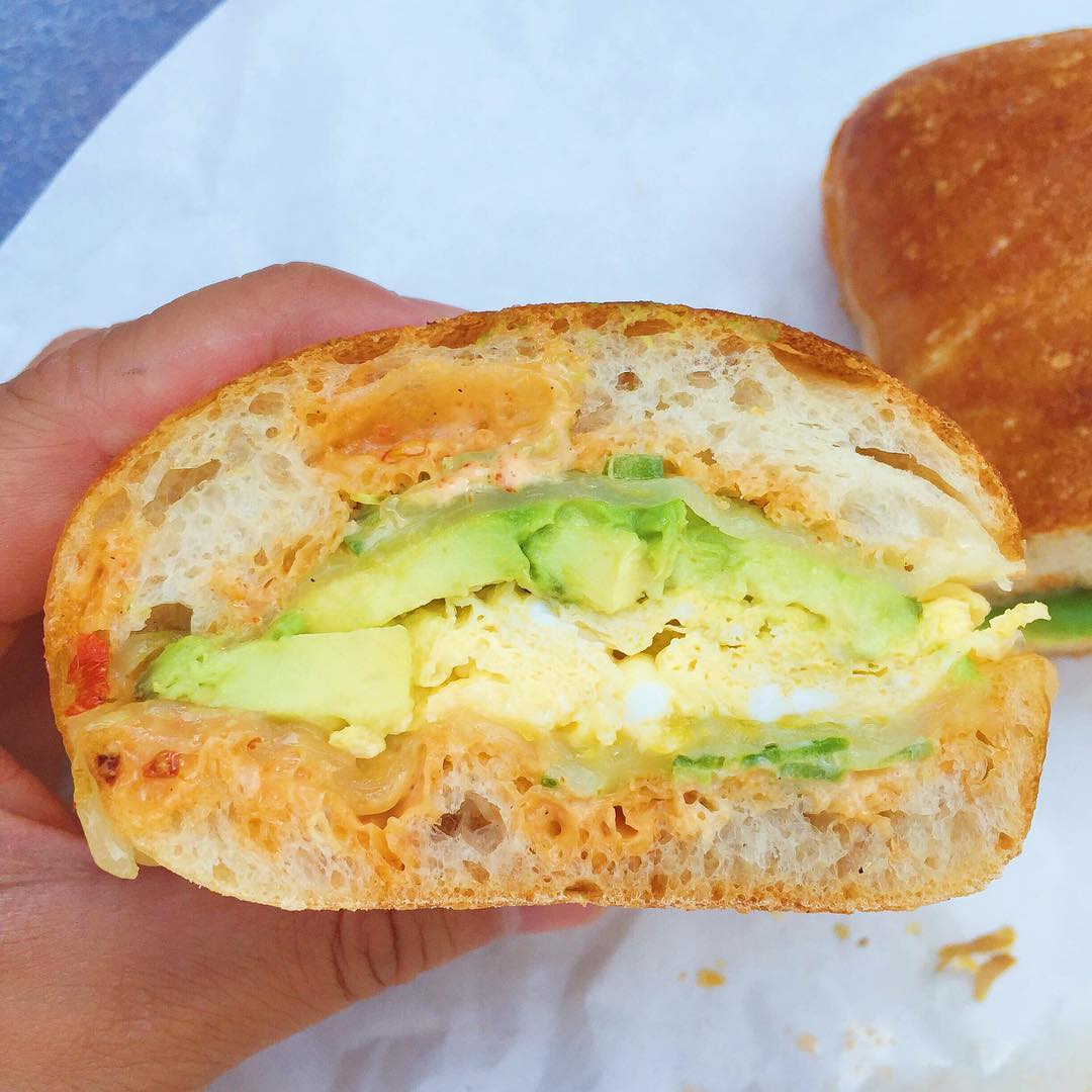 Close-up of Breakfast Basile sandwich cross-section